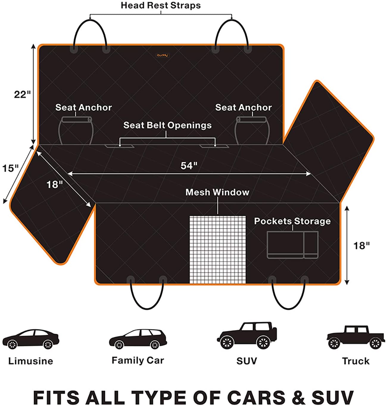 Kotilux 5-in-1 automobilio sėdynių užtiesalas su šonais, papildomu saugos diržu ir laikymo krepšiu, juodas, 137x147cm