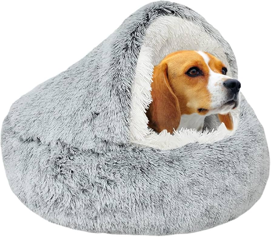 Luxurious Fluffy Hooded Dog & Cat Bed Cave with Hooded Blanket, Non-Slip, up to 13.6kg, 66cm