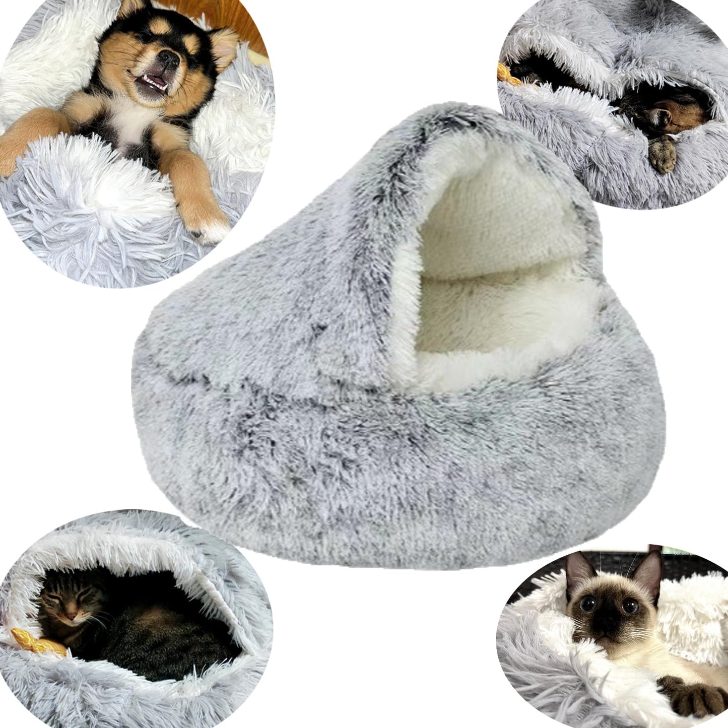 Luxurious Fluffy Hooded Cat & Dog Bed Cave with Hooded Blanket, Up to 6.8kg, 50cm