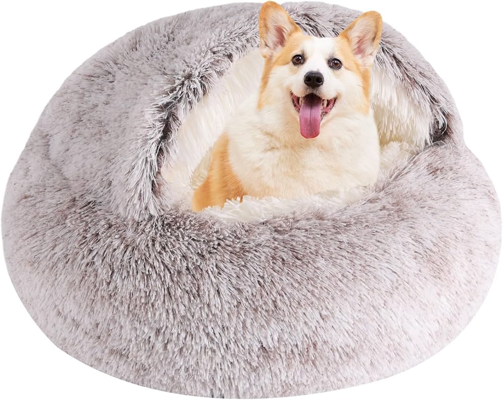 Luxurious Fluffy Hooded Dog & Cat Bed Cave with Hooded Blanket, Non-Slip, up to 13.6kg, 66cm