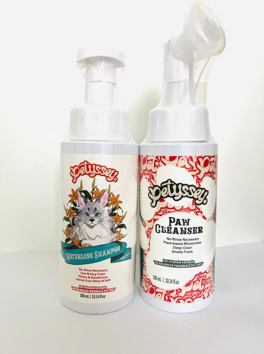 Petyssey Waterless Grooming Duo – No-Rinse Paw Cleaner & Water-Free Shampoo (2-Pack, 300ml Each)