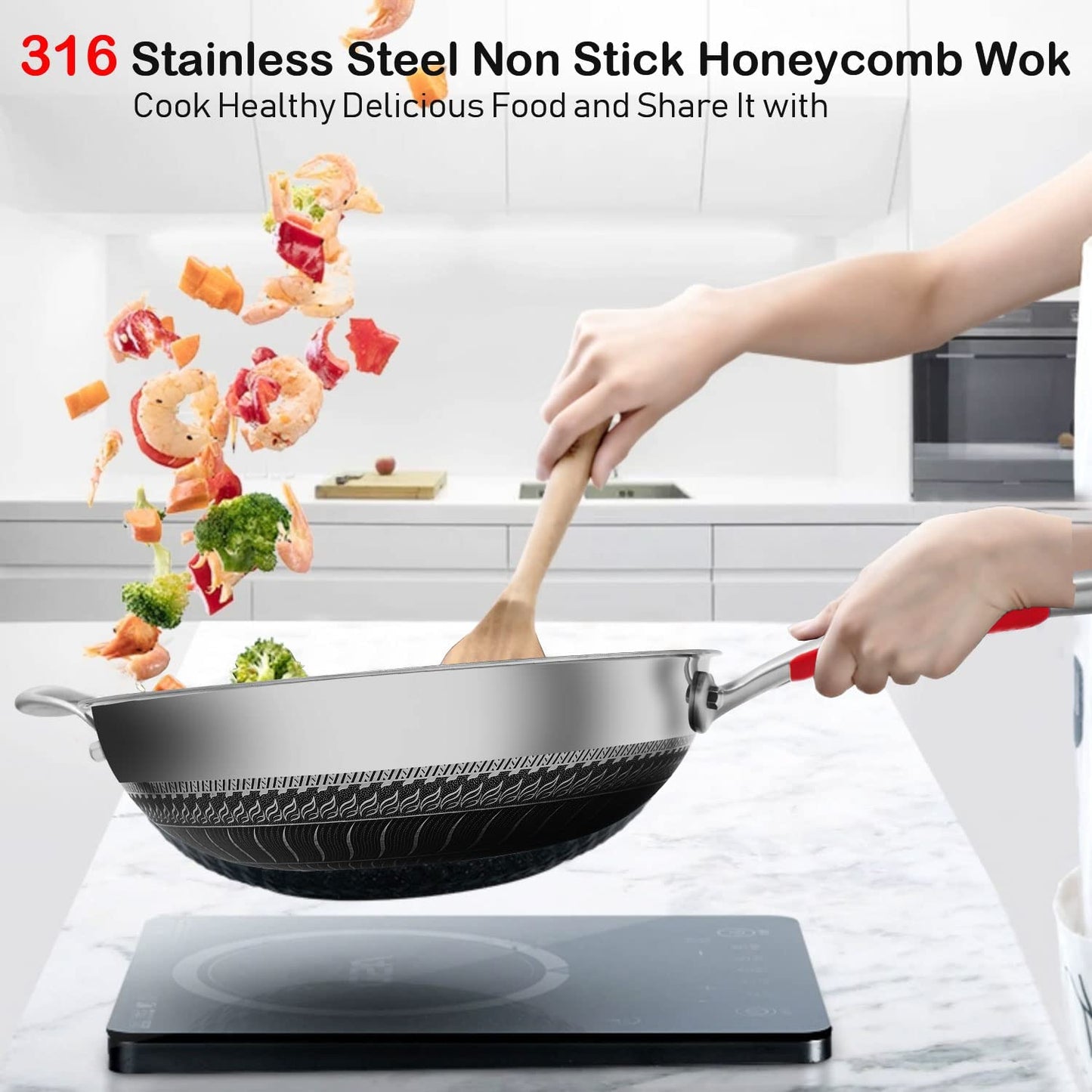 Kotilux Stainless Steel Non-Stick Honeycomb Wok with Lid, 32cm