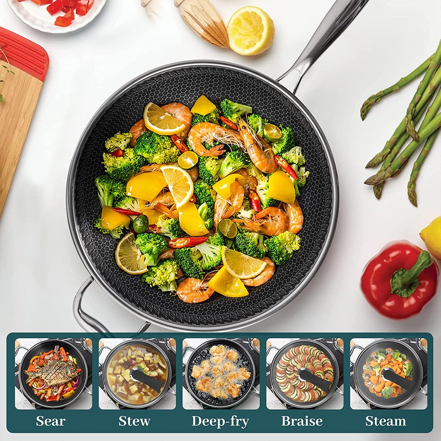 Kotilux Stainless Steel Non-Stick Honeycomb Wok with Lid, 32cm