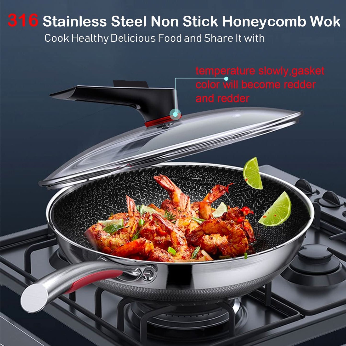 Kotilux Stainless Steel Non-Stick Honeycomb Wok with Lid, 32cm