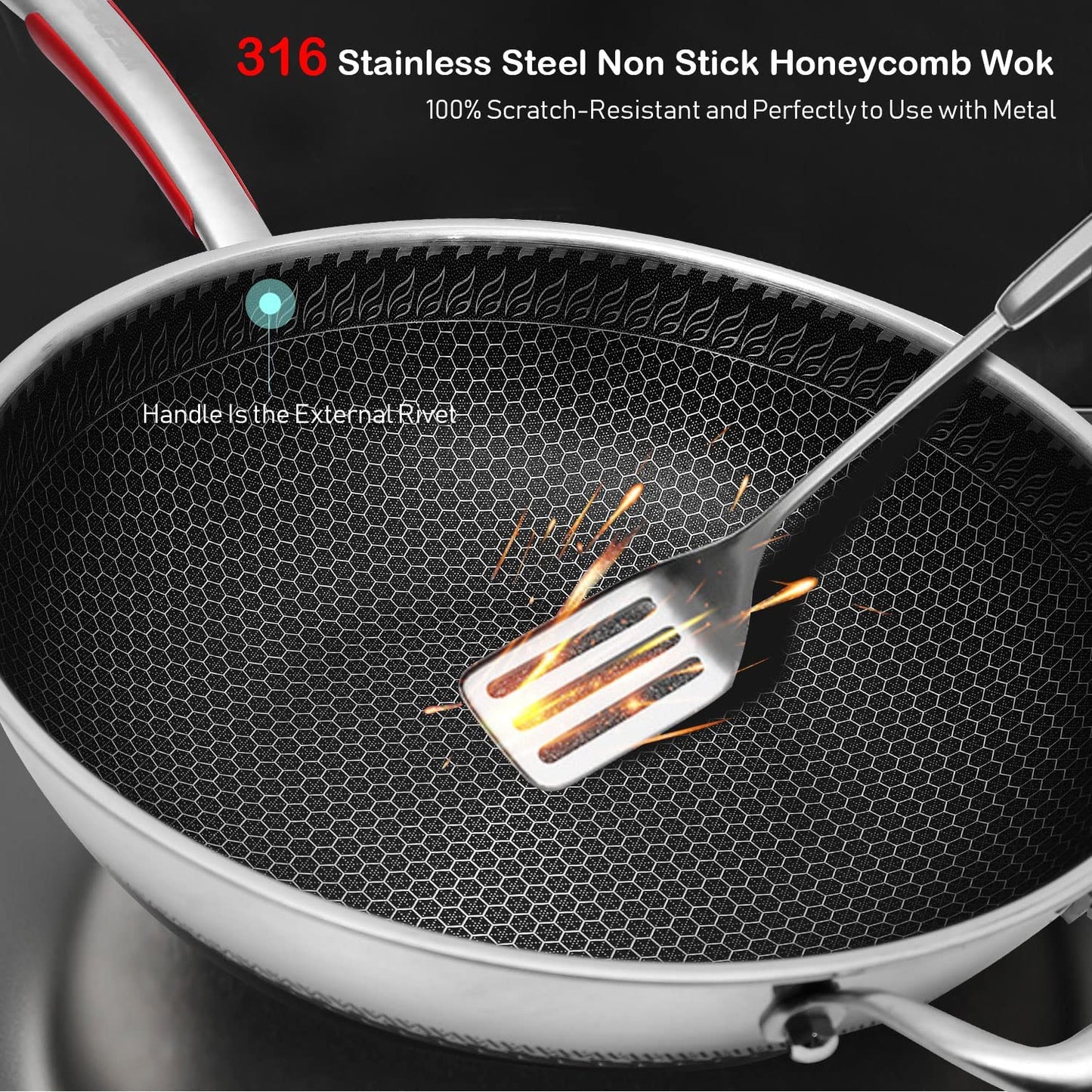 Kotilux Stainless Steel Non-Stick Honeycomb Wok with Lid, 32cm