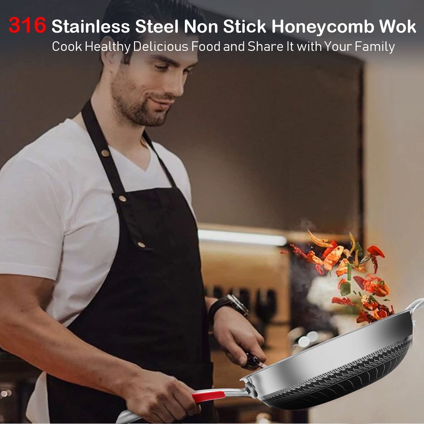 Kotilux Stainless Steel Non-Stick Honeycomb Wok with Lid, 32cm