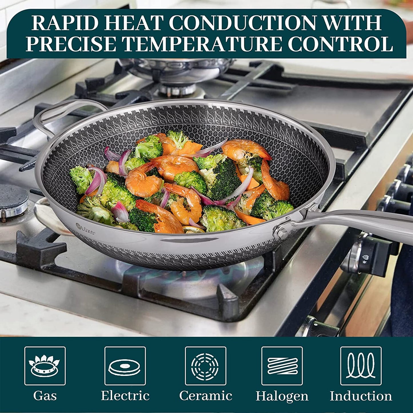 Kotilux Stainless Steel Non-Stick Honeycomb Wok with Lid, 32cm