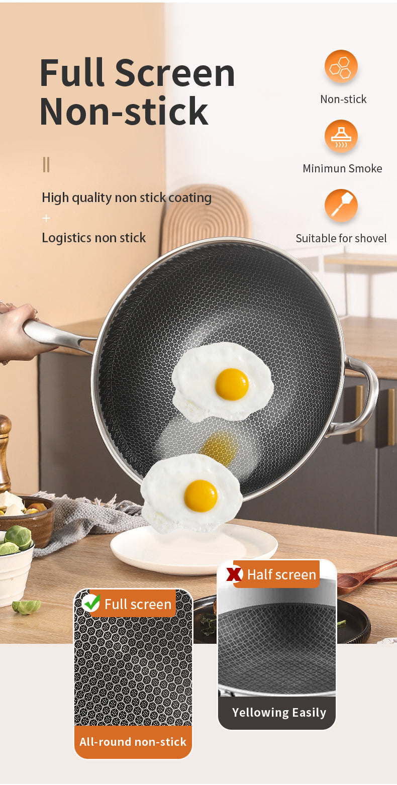 Kotilux Stainless Steel Non-Stick Honeycomb Wok with Lid, 32cm