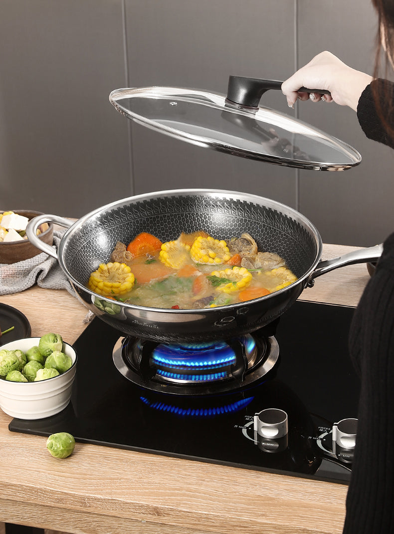 Kotilux Stainless Steel Non-Stick Honeycomb Wok with Lid, 32cm