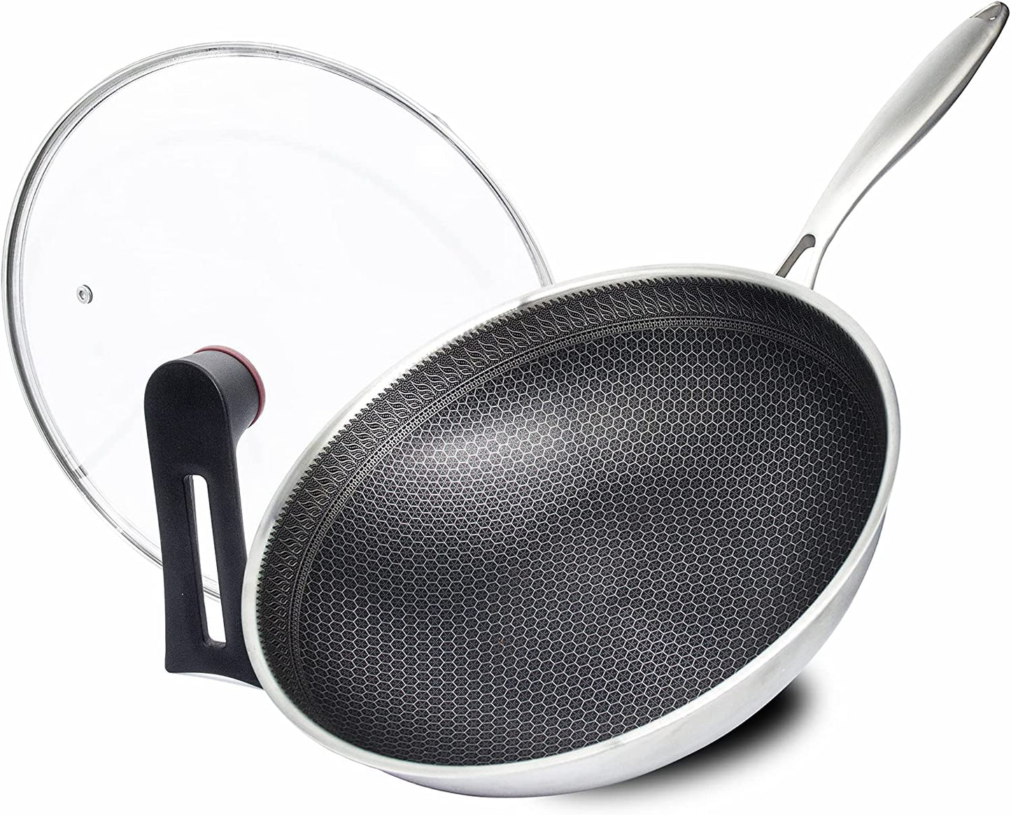 Kotilux Stainless Steel Non-Stick Honeycomb Wok with Lid, 32cm