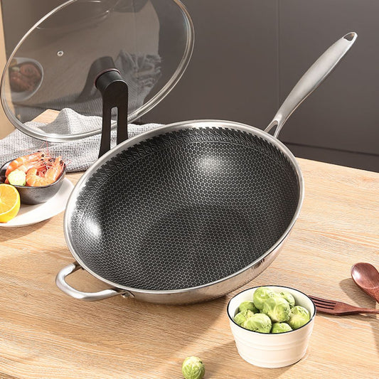 Kotilux Stainless Steel Non-Stick Honeycomb Wok with Lid, 32cm
