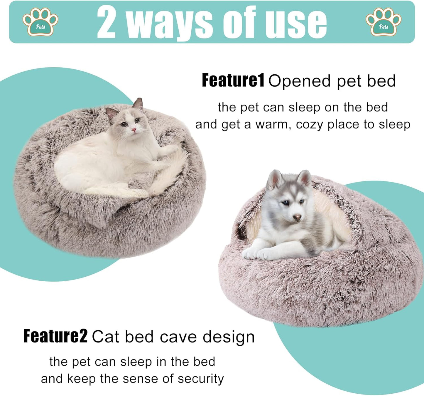Luxurious Fluffy Hooded Dog & Cat Bed Cave with Hooded Blanket, Non-Slip, up to 13.6kg, 66cm