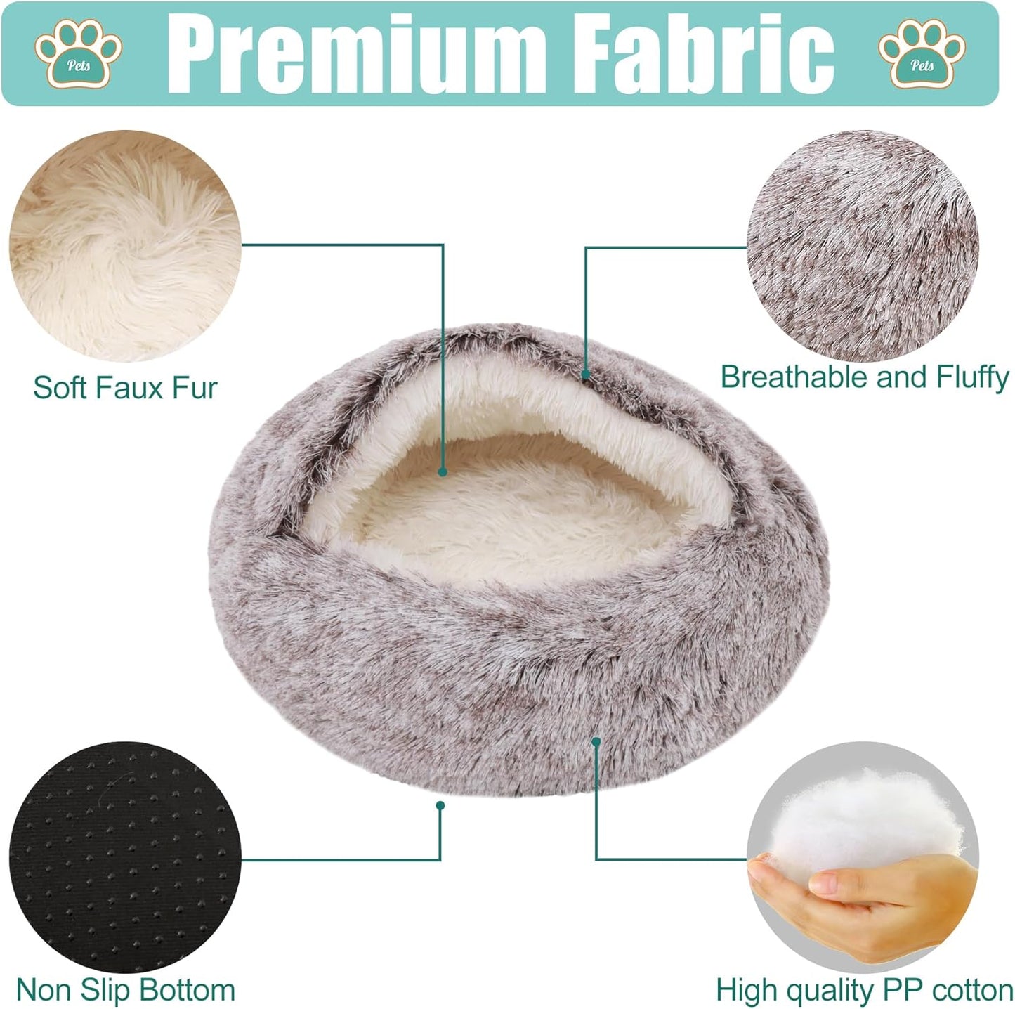 Luxurious Fluffy Hooded Dog & Cat Bed Cave with Hooded Blanket, Non-Slip, up to 13.6kg, 66cm