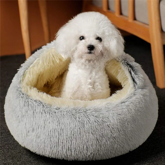Luxurious Fluffy Hooded Dog & Cat Bed Cave with Hooded Blanket, Non-Slip, up to 13.6kg, 66cm