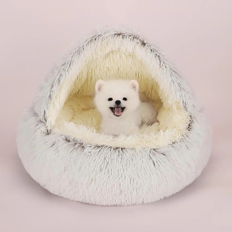 Luxurious Fluffy Hooded Cat & Dog Bed Cave with Hooded Blanket, Up to 6.8kg, 50cm