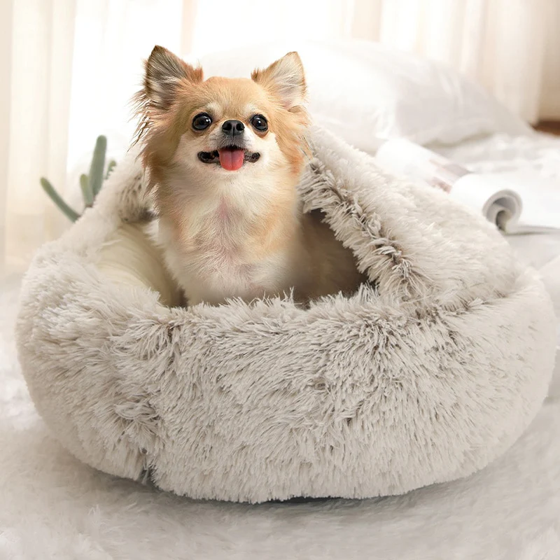 Luxurious Fluffy Hooded Dog & Cat Bed Cave with Hooded Blanket, Non-Slip, up to 13.6kg, 66cm